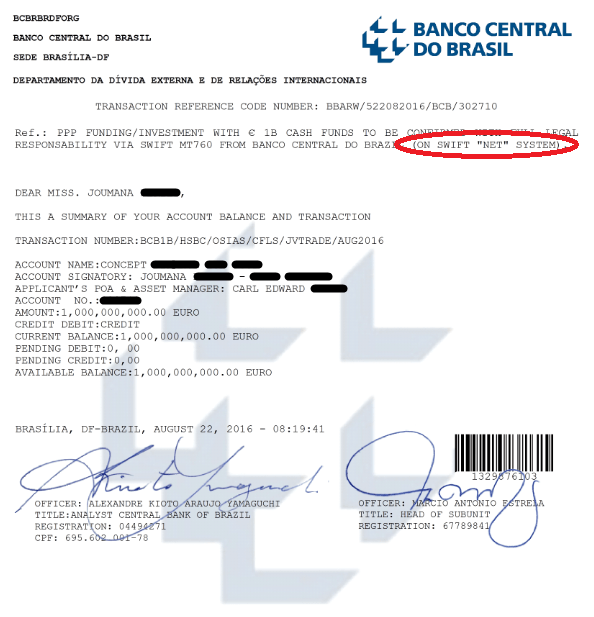 BCB €1B Cash Funds File - Bank Statement (Account balance Summary) - Fraud 1a Example