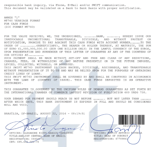 BCB €1B Cash Funds File - RWA Letter & MT760 Verbiage - Fraud 3a Example