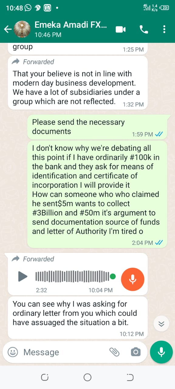 Anthony Igbokwe aka Chekwuemeka Amadi Scam WhatsApp Message Exposed Evidence 1